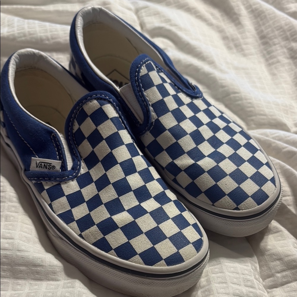Vans Kids Blue and White Checkered Slip-On Sneakers